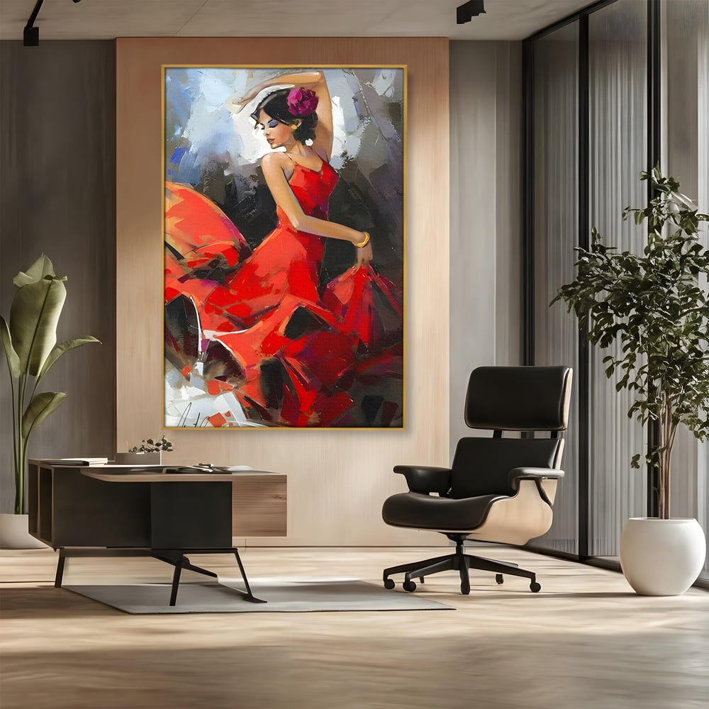 Tablou canvas cu tablou canvas cu dansatoare in rochie rosie, in rama de aluminiu auriu, pe perete intr-un birou